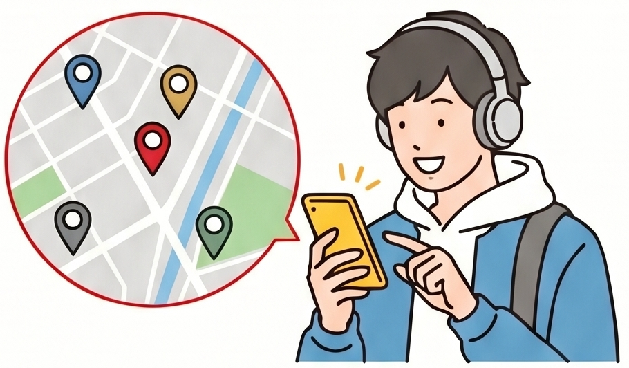 地図を見ながらスマホを操作する若者